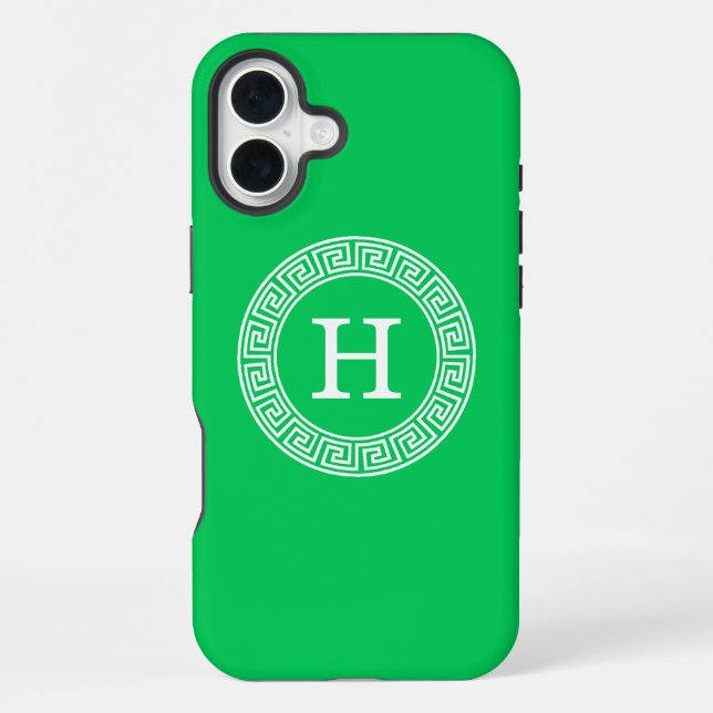 Emerald Green Greek Key Rnd Frame Initial Monogram iPhone Case (Back)