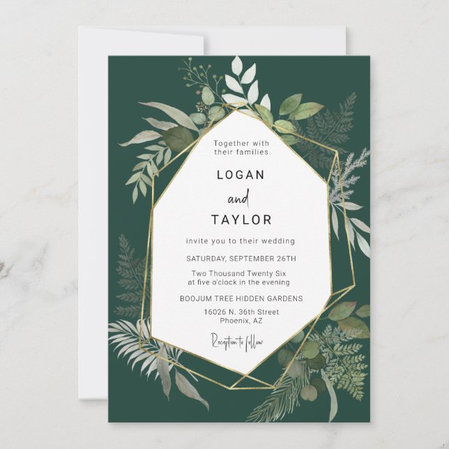 Emerald Green Greenery Gold Frame QR Code Photo In Invitation (Front)