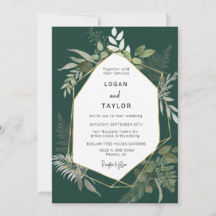 Emerald Green Greenery Gold Frame QR Code Photo In Invitation