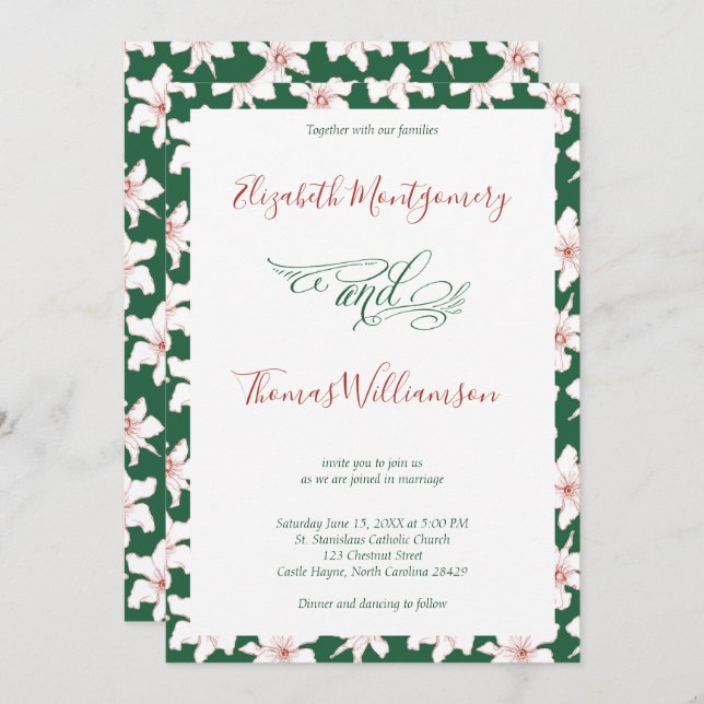 Emerald Green Hand Drawn Floral Wedding Invitation (Front/Back)
