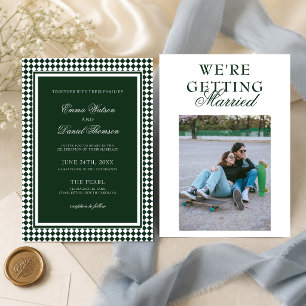 Emerald Green Harlequin Border Photo Wedding Invitation