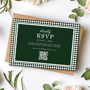 Emerald Green Harlequin Border Wedding QR Code RSVP Card