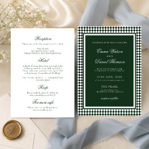 Emerald Green Harlequin Border Wedding Reception Invitation