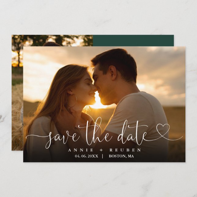 Emerald Green Heart Script Photo Wedding QR Code Save The Date (Front/Back)