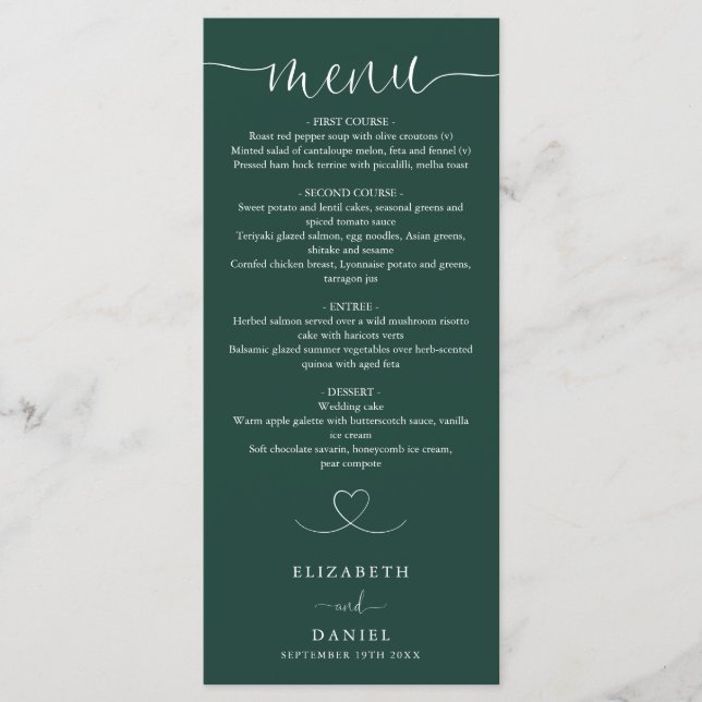 Emerald Green Heart Script Wedding Dinner Menu (Front)