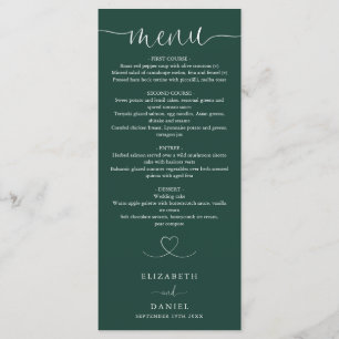 Emerald Green Heart Script Wedding Dinner Menu