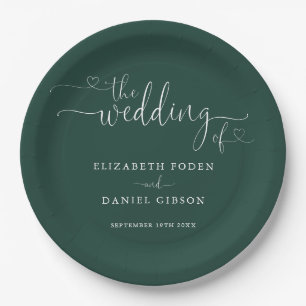 Emerald Green Heart Script Wedding Paper Plate