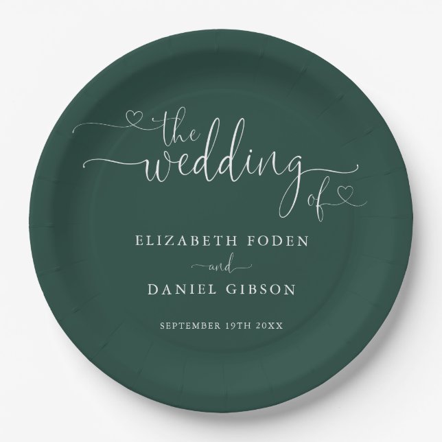 Emerald Green Heart Script Wedding Paper Plate (Front)