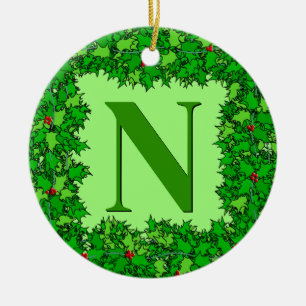 Emerald Green Holly Wreath Personalised Ceramic Tree Decoration