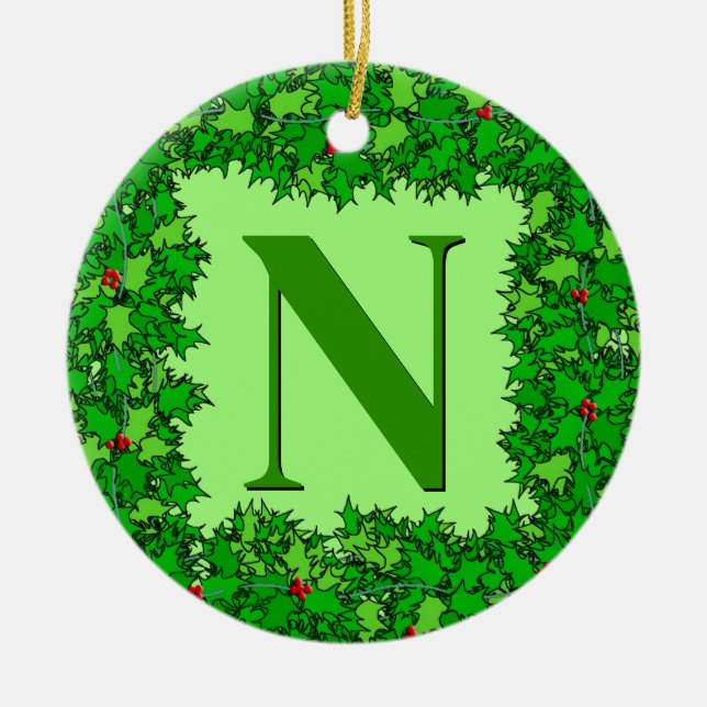 Emerald Green Holly Wreath Personalised  Ceramic Tree Decoration (Front)