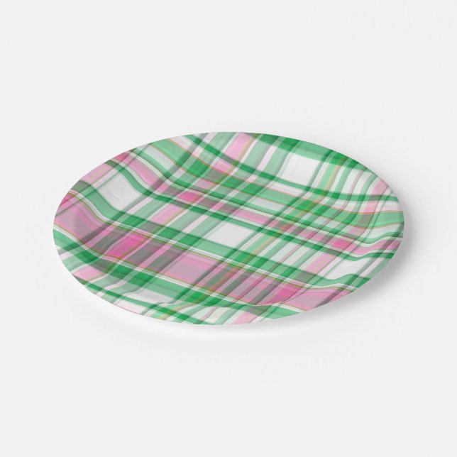 Emerald Green, Hot Pink, White Preppy Madras Plaid Paper Plate (Angled)