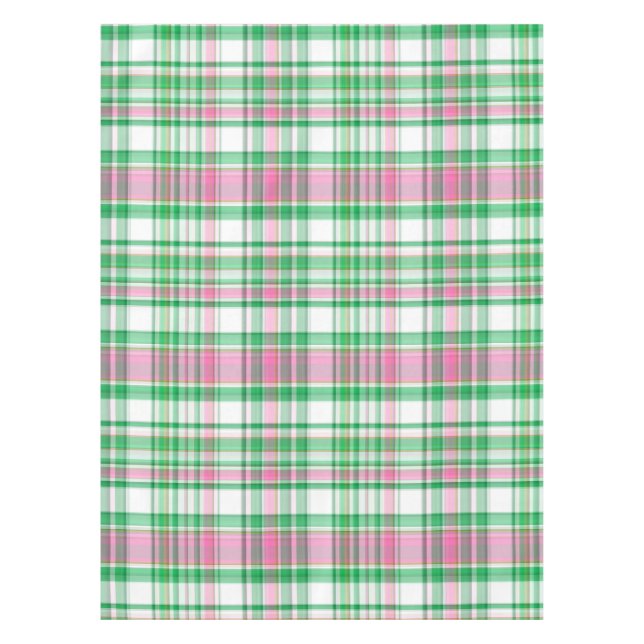 Emerald Green, Hot Pink, White Preppy Madras Plaid Tablecloth (Front)