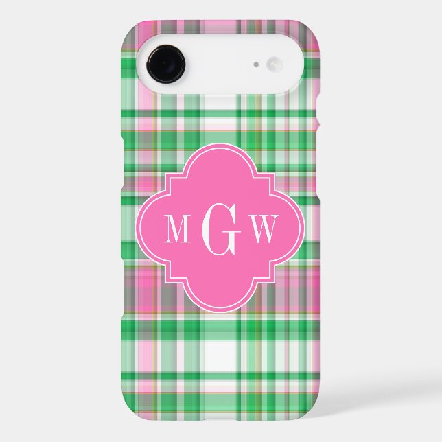 Emerald Green Hot Pink Wht Preppy Madras Monogram Case-Mate iPhone Case (Back)