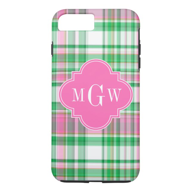 Emerald Green Hot Pink Wht Preppy Madras Monogram Case-Mate iPhone Case (Back)