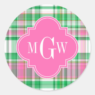 Emerald Green Hot Pink Wht Preppy Madras Monogram Classic Round Sticker