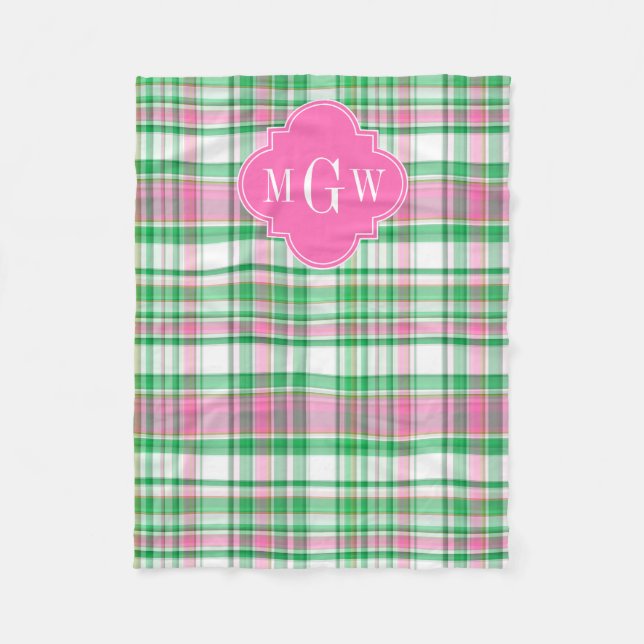 Emerald Green Hot Pink Wht Preppy Madras Monogram Fleece Blanket (Front)