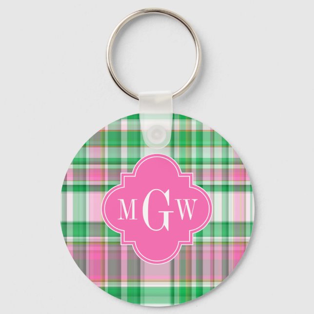 Emerald Green Hot Pink Wht Preppy Madras Monogram Key Ring (Front)
