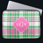Emerald Green Hot Pink Wht Preppy Madras Monogram Laptop Sleeve<br><div class="desc">Shades of Emerald Green, Hot Pink and White Preppy Madras Style Plaid Pattern Hot Pink Quatrefoil Monogram ======== Customise this with your 3 initial monogram, name or other text. You can also change the font, adjust font size and font colos, move the text to adjust letter spacing, add text fields,...</div>