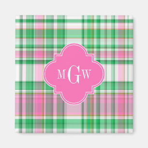 Emerald Green Hot Pink Wht Preppy Madras Monogram Magnet