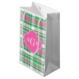 Emerald Green Hot Pink Wht Preppy Madras Monogram Small Gift Bag
