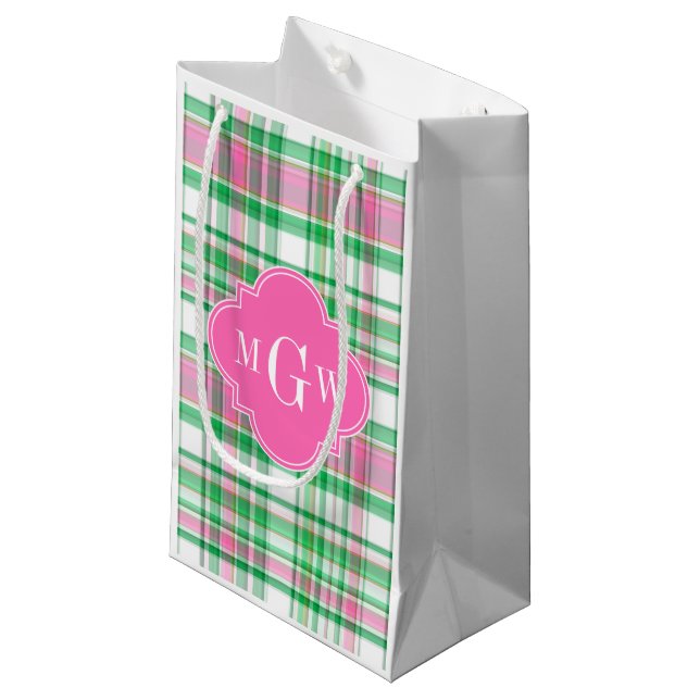 Emerald Green Hot Pink Wht Preppy Madras Monogram Small Gift Bag (Front Angled)
