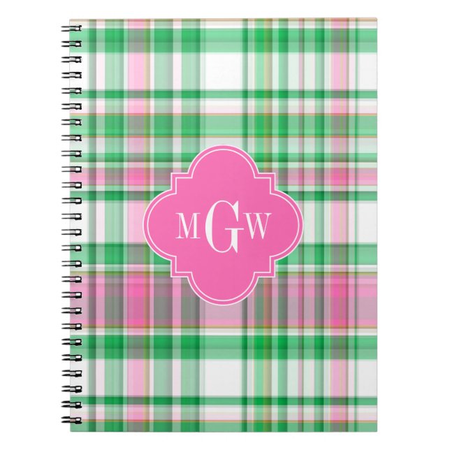Emerald Green Hot Pink Wht Preppy Madras Monogram Spiral Notebook (Front)