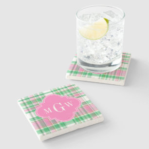 Emerald Green Hot Pink Wht Preppy Madras Monogram Stone Coaster