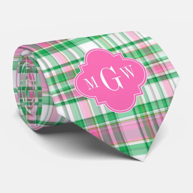 Emerald Green Hot Pink Wht Preppy Madras Monogram Tie (Rolled)