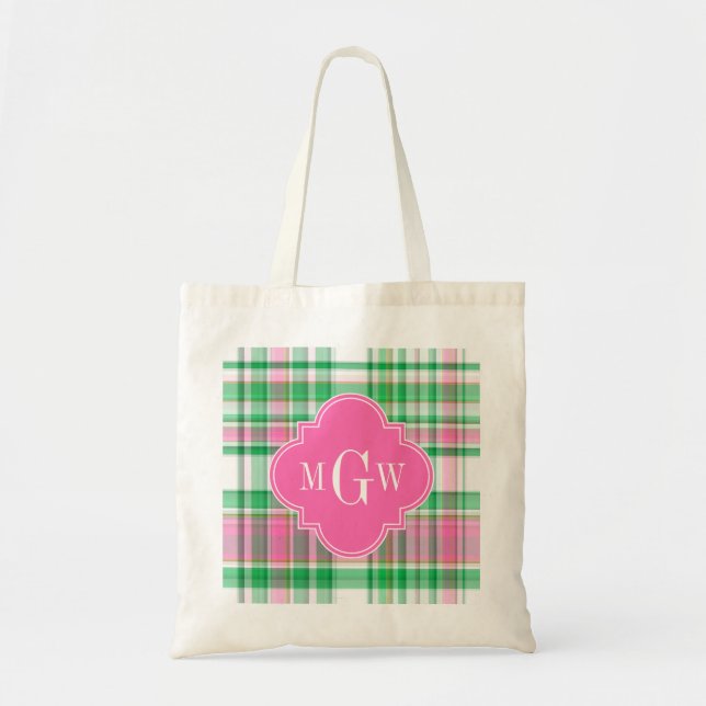 Emerald Green Hot Pink Wht Preppy Madras Monogram Tote Bag (Front)