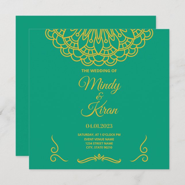 Emerald Green Indian Jewel Tone Wedding Invitation (Front/Back)