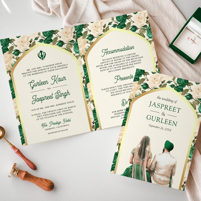 Emerald Green Ivory Floral All in One Sikh Wedding Invitation (Creator Uploaded)