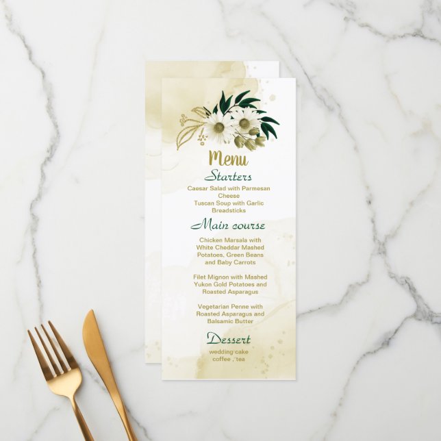 Emerald green ivory gold floral menu (Front/Back In Situ)