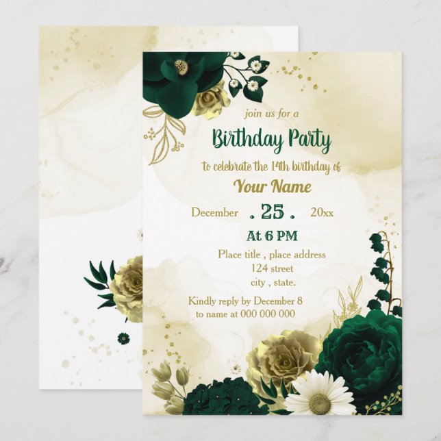 Emerald green ivory gold flowers birthday party invitation (Front/Back)