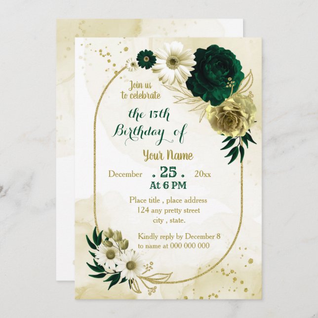 Emerald green ivory gold geometric birthday party invitation (Front/Back)