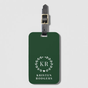 Emerald Green Laurel Wreath Monogram Initial Luggage Tag