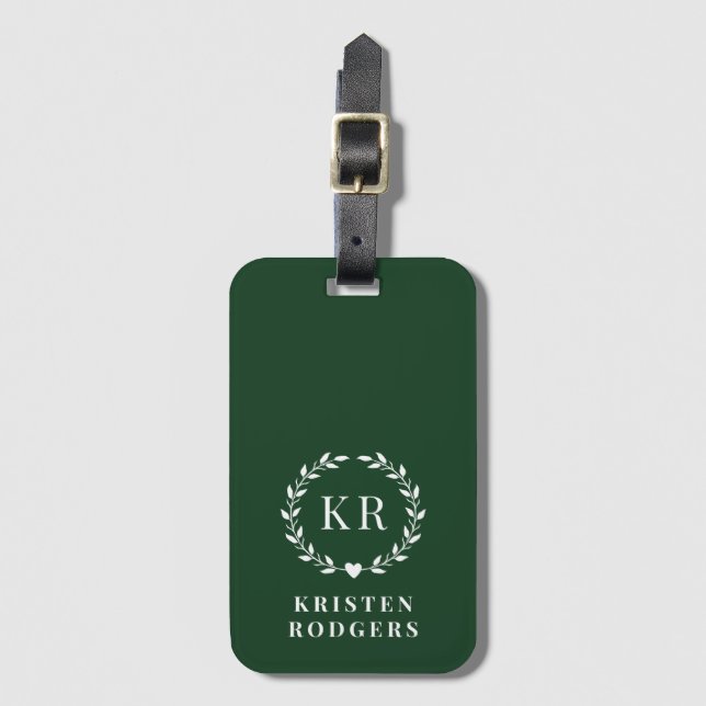 Emerald Green Laurel Wreath Monogram Initial Luggage Tag (Front Vertical)