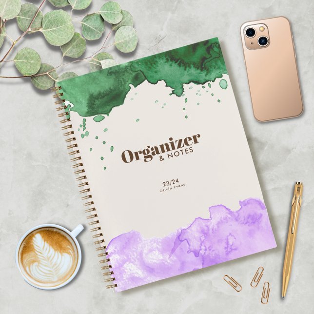Emerald Green & Lavender Watercolor Personalise  Notebook (Super elegant Notebook for work or studies)