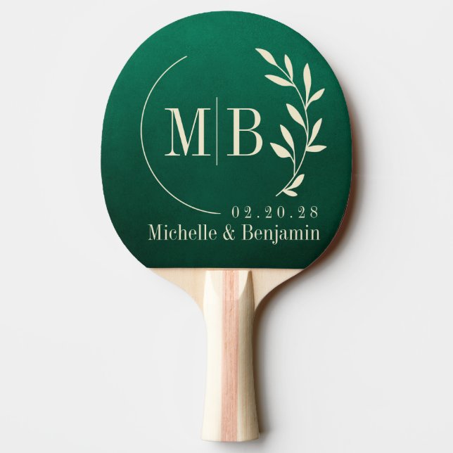 Emerald Green Leaf Wedding Monogram Ping Pong Paddle (Back)