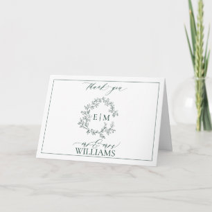Emerald Green Leafy Crest Monogram Photo Thank You Card
