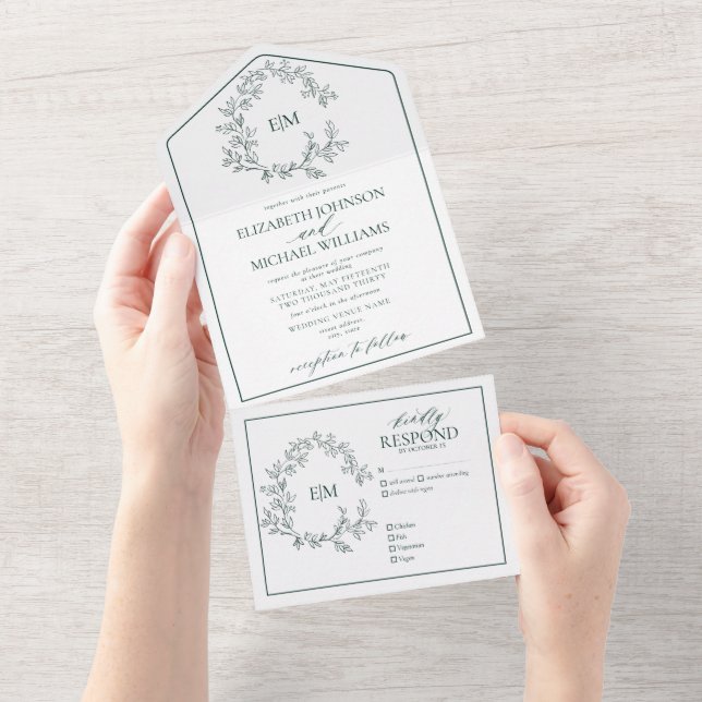 Emerald Green Leafy Crest Monogram Wedding All In One Invitation (Tearaway)