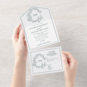 Emerald Green Leafy Crest Monogram Wedding All In One Invitation