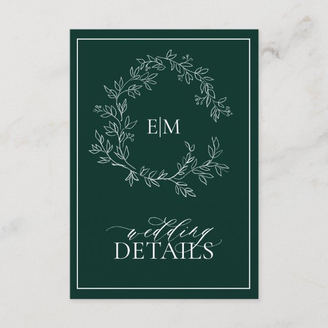 Emerald Green Leafy Crest Monogram Wedding Details Enclosure Card (Front)