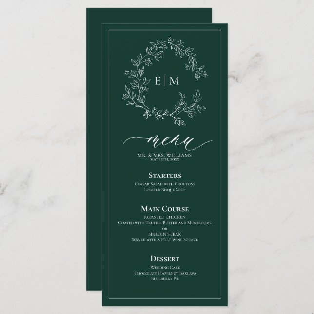 Emerald Green Leafy Crest Monogram Wedding Menu (Front/Back)