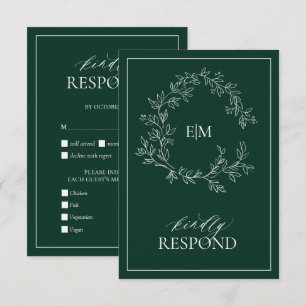 Emerald Green Leafy Crest Monogram Wedding RSVP Card