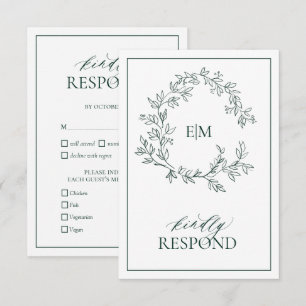 Emerald Green Leafy Crest Monogram Wedding RSVP Card