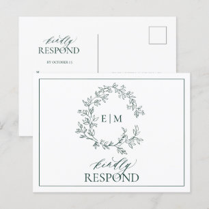 Emerald Green Leafy Crest Monogram Wedding RSVP Invitation Postcard