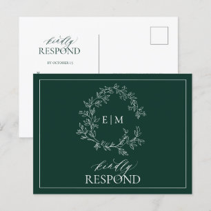 Emerald Green Leafy Crest Monogram Wedding RSVP Invitation Postcard