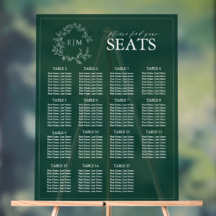 Emerald Green Leafy Crest Monogram Wedding Seating Acrylic Sign