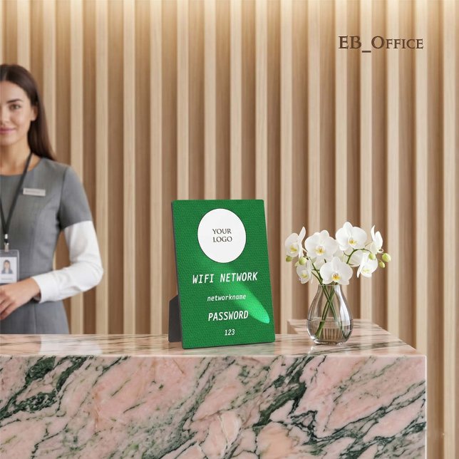 Emerald Green Leather Custom Business Logo Wifi  Plaque (Elegant Custom Logo Wi-fi Tabletop Sign
•	Green Leather pattern
•	5” x 7”
)