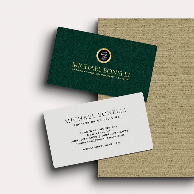 Emerald green Leather Professional Round Gold Logo Business Card (Creator Uploaded)